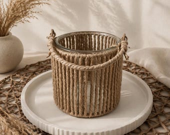 Boho-style lantern with handle | Glass & jute candle holder | Natural table decoration | Living room gift idea | Modern minimalist