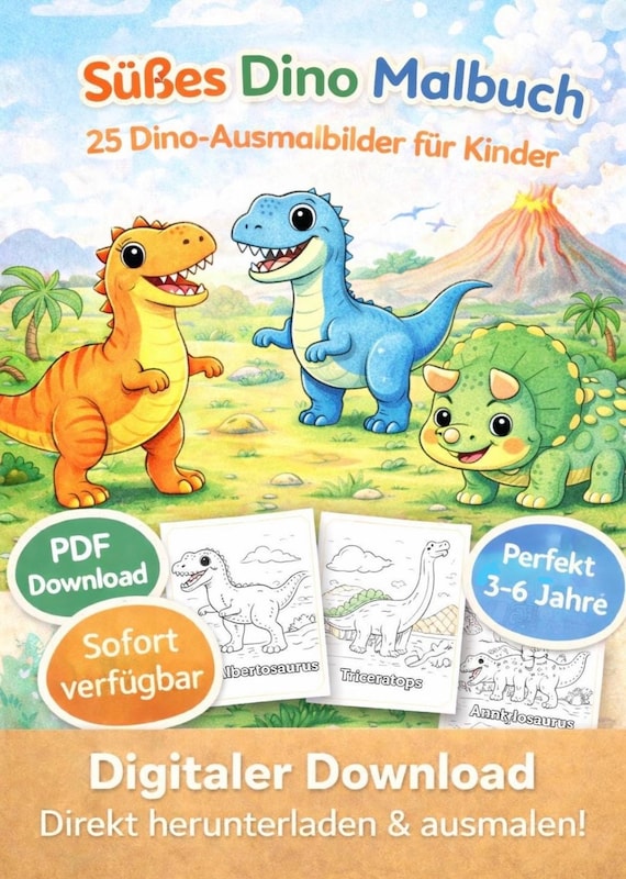 Dinosaurier Ausmalbuch Kinder – 25 Dino Motive – PDF Download – Malbuch ab 3 Jahre