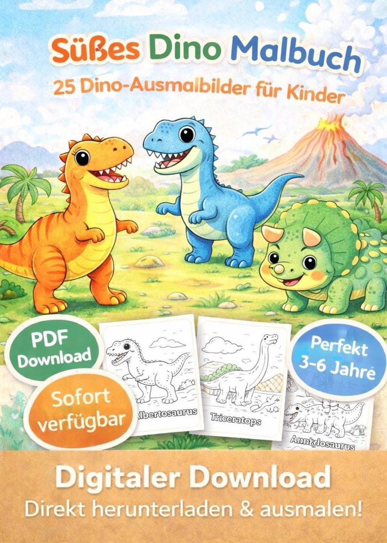 May include: A children's colouring book cover featuring the title "Sweet Dino Colouring Book" and illustrations of three cartoon dinosaurs in orange, blue, and green. The cover also includes the text "PDF Download" and "Digital Download".