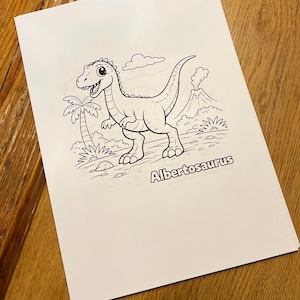 May include: A black and white illustration of an Albertosaurus dinosaur on white paper. The dinosaur is smiling, with a palm tree, volcano, and clouds in the background. The word "Albertosaurus" is written below the dinosaur.
