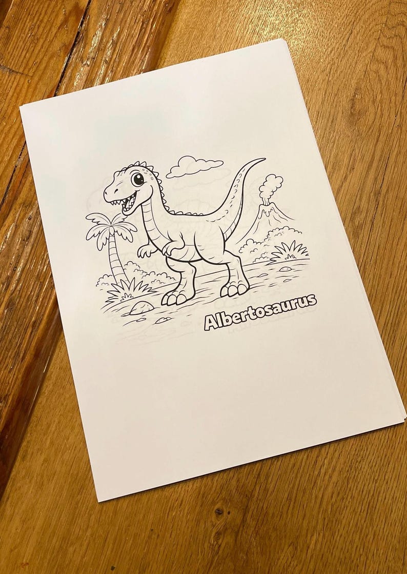 May include: A black and white illustration of an Albertosaurus dinosaur on white paper. The dinosaur is smiling, with a palm tree, volcano, and clouds in the background. The word "Albertosaurus" is written below the dinosaur.