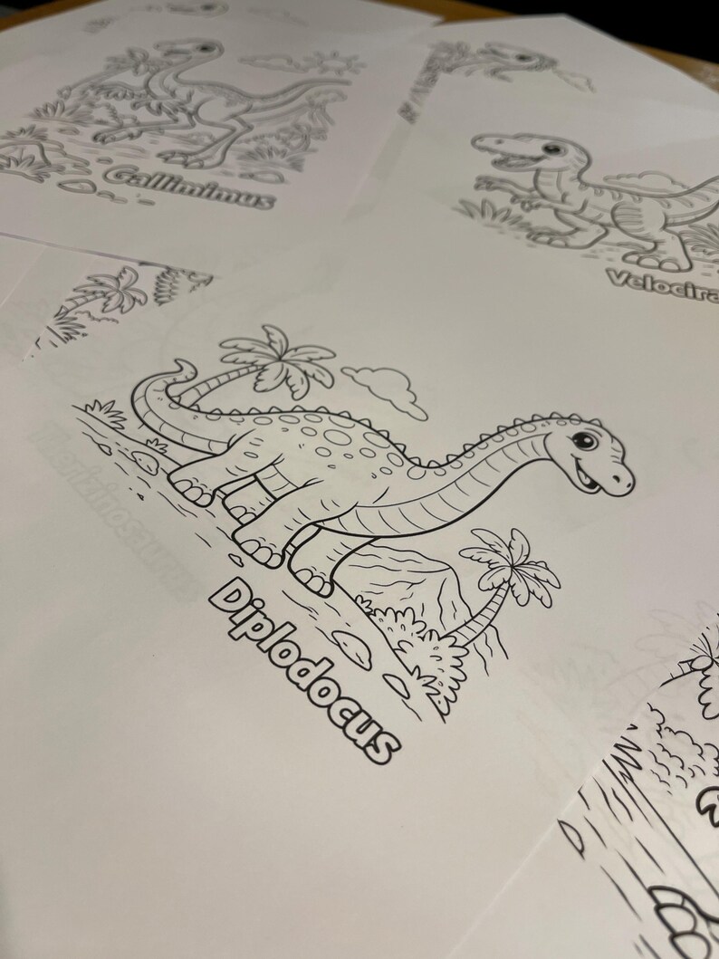 May include: A collection of dinosaur-themed colouring pages. The pages feature line drawings of dinosaurs such as Diplodocus, Gallimimus, and Velociraptor. Each page includes the dinosaur's name in a bold font, alongside illustrations of palm trees and other scenery.