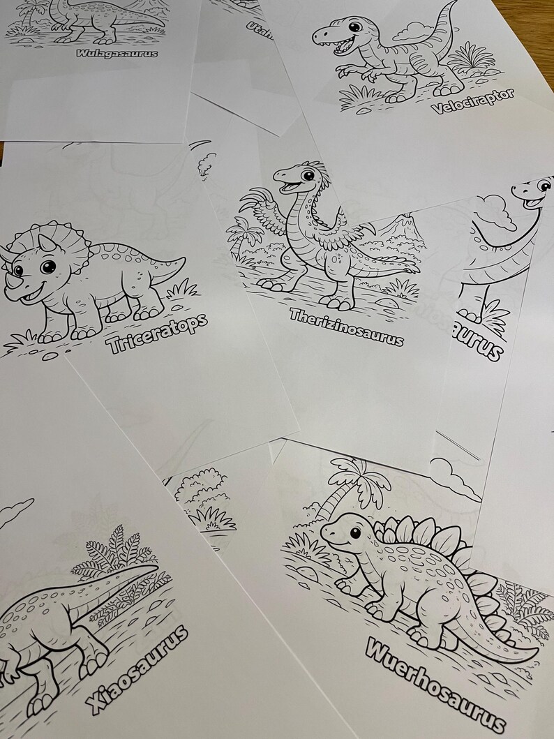 May include: A selection of dinosaur colouring pages. Each page displays a different dinosaur illustration with its name printed underneath. Dinosaurs include Triceratops, Velociraptor, and Wuerhosaurus. The illustrations are black and white line drawings.