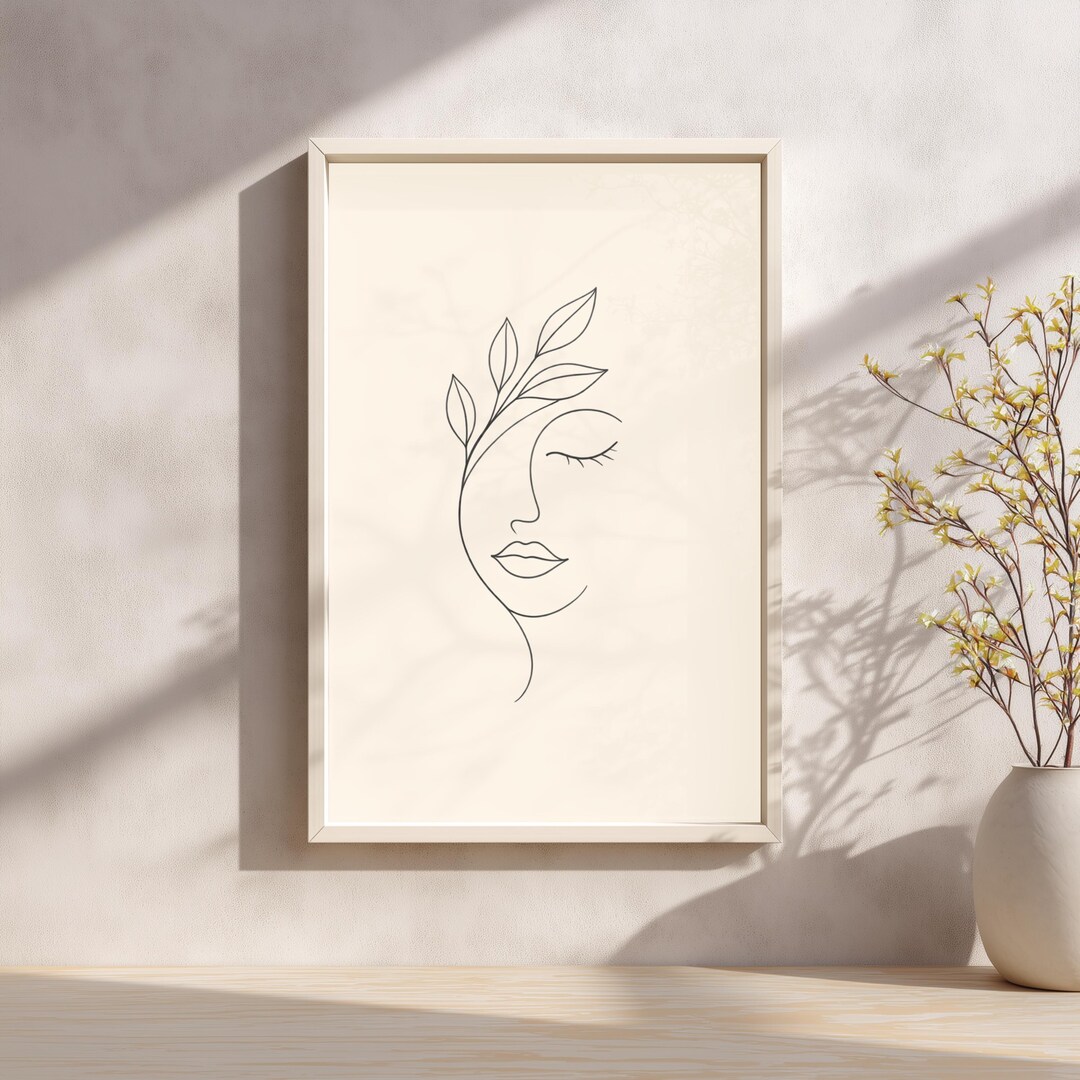 Minimalist Botanical Face Line Art Print, Abstract Woman Printable Wall ...