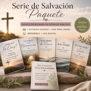 May include: A collection of Bible study guides in English and Spanish. The image features several books with titles like "Why the Cross?" and "The Resurrection." A guide for leaders is also included, with the text "Serie de Salvación." A cross and sunset are in the background.