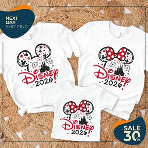 three Disney-themed t-shirts, each with a unique design and size, arranged on a bed of straw. The t-shirts are white with red and black accents, and the text "Disney 2020" is prominently displayed on each shirt. The t-shirts are arranged in a way that showcases their individual designs and sizes, creating a visually appealing and cohesive display.