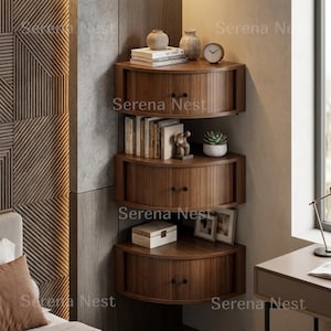 Corner Shelves Floating Wall Cabinet Set of 3, Fluted Corner Shelf with Sliding Doors and Walnut Finish | Floating Corner Shelf for Living Room Bedroom and Office | Space Saving Wall Storage

Empty corners are some of the most overlooked storage opportunities in any home. These corner shelves by Serena Nest turn every unused wall angle into a stylish, functional display space that works just as hard as it looks good.