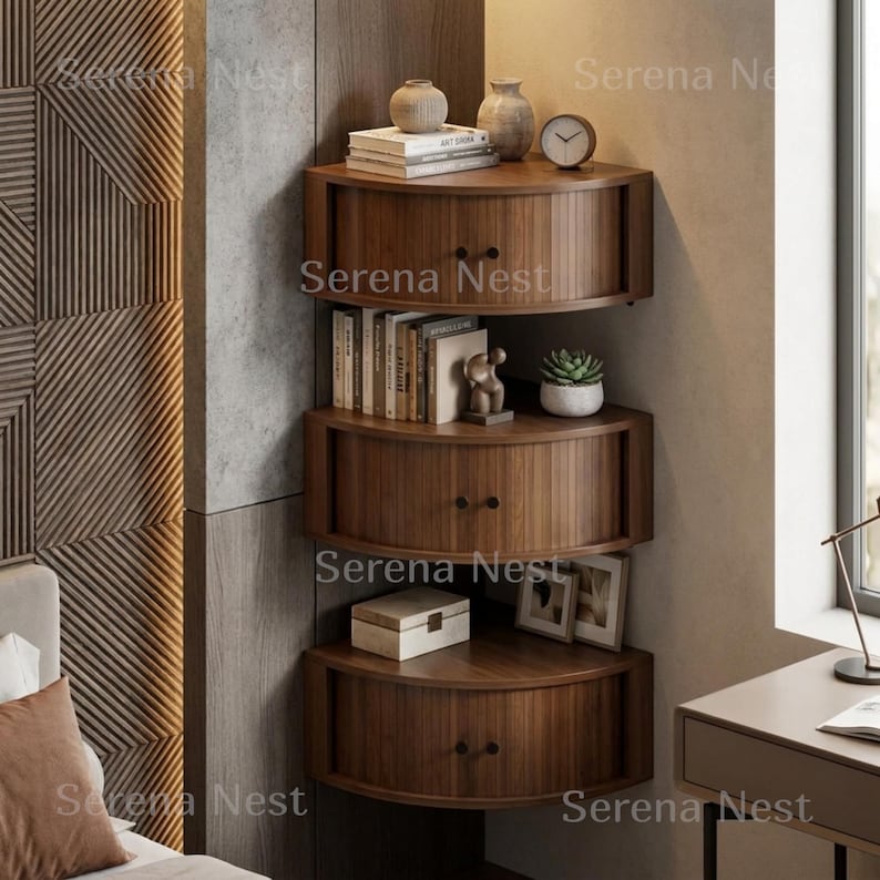 Corner Shelves Floating Wall Cabinet Set of 3, Fluted Corner Shelf with Sliding Doors and Walnut Finish | Floating Corner Shelf for Living Room Bedroom and Office | Space Saving Wall Storage

Empty corners are some of the most overlooked storage opportunities in any home. These corner shelves by Serena Nest turn every unused wall angle into a stylish, functional display space that works just as hard as it looks good.
