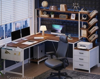 Corner Desk with Hutch and Bookshelf, L Shaped Desk with Drawers | Reversible Home Office Desk with Storage Shelves for Bedroom