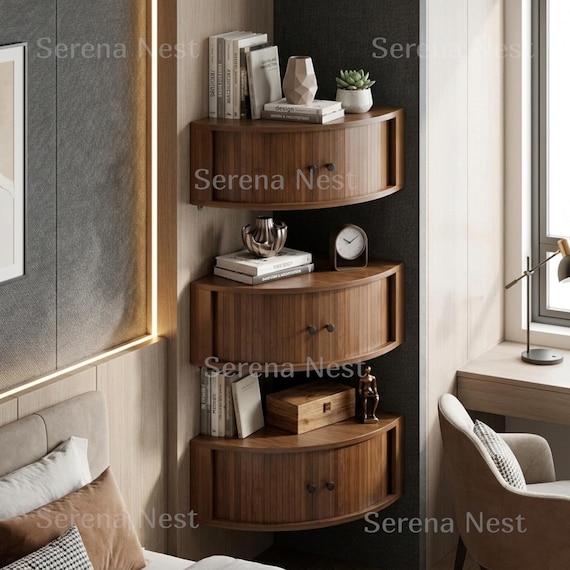 Corner Shelves Floating Wall Cabinet Set of 3, Fluted Corner Shelf with Sliding Doors and Walnut Finish  Floating Corner Shelf, Wall Storage