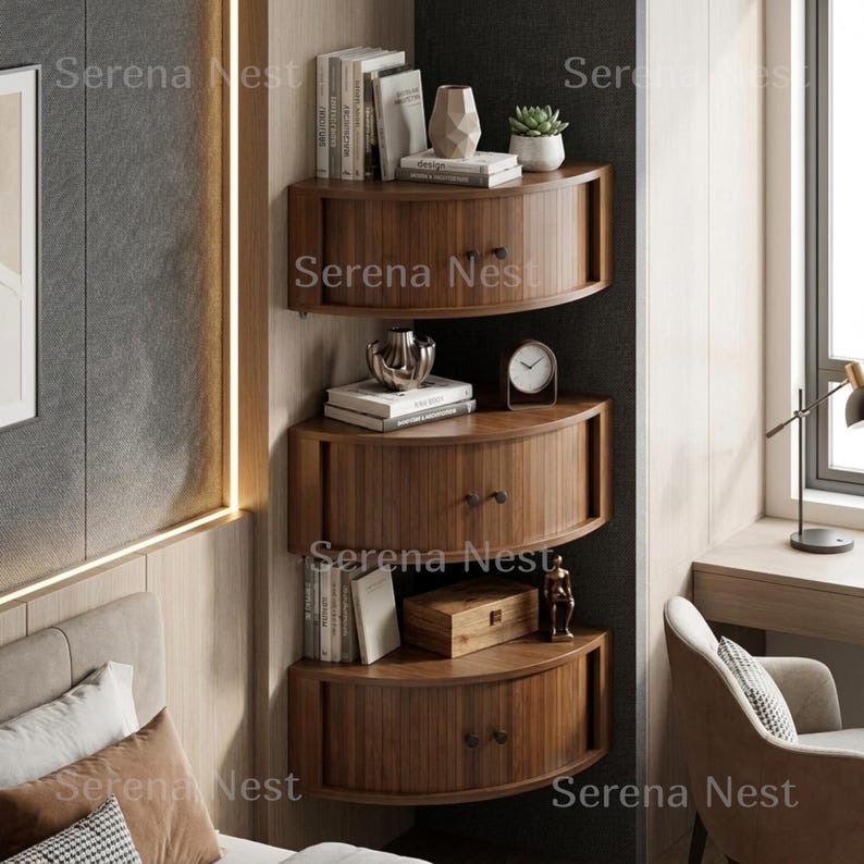 Corner Shelves Floating Wall Cabinet Set of 3, Fluted Corner Shelf with Sliding Doors and Walnut Finish | Floating Corner Shelf for Living Room Bedroom and Office | Space Saving Wall Storage

Empty corners are some of the most overlooked storage opportunities in any home. These corner shelves by Serena Nest turn every unused wall angle into a stylish, functional display space that works just as hard as it looks good.