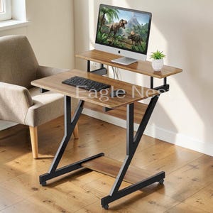 Computer Desk with Monitor Shelf, Mobile Z Shaped Office Desk with Storage Shelves, Compact Corner Desk with Wheels for Small Space Office