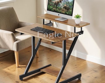 Computer Desk with Monitor Shelf, Mobile Z Shaped Office Desk with Storage Shelves, Compact Corner Desk with Wheels for Small Space Office