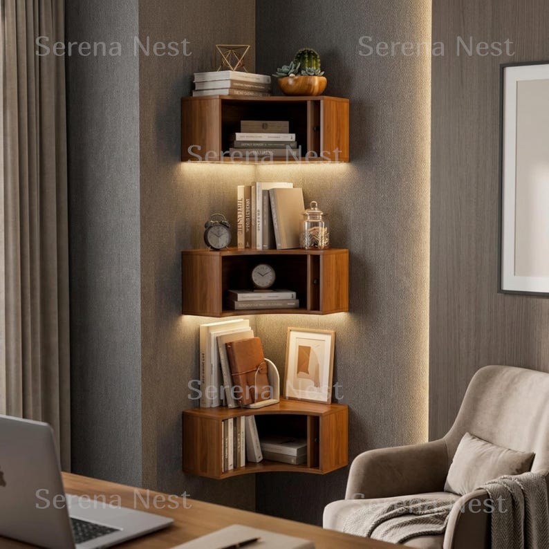 Corner Shelves Floating Wall Cabinet Set of 3, Fluted Corner Shelf with Sliding Doors and Walnut Finish | Floating Corner Shelf for Living Room Bedroom and Office | Space Saving Wall Storage

Empty corners are some of the most overlooked storage opportunities in any home. These corner shelves by Serena Nest turn every unused wall angle into a stylish, functional display space that works just as hard as it looks good.