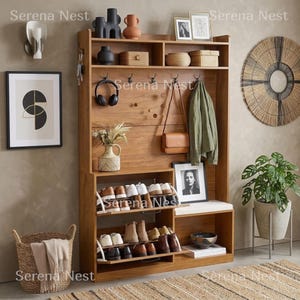 Hall Tree with Bench and Shoe Storage, Boho Hall Tree Cabinet, Mudroom Coat Rack with Rattan Drawers, Entryway Storage Bench with Hooks