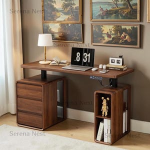 Electric Standing Desk with Drawers, Adjustable Sit Stand Desk, Mid Century Modern Home Office Desk with Storage Shelf, Walnut Desk for Work
