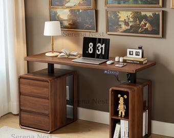 Electric Standing Desk with Drawers, Adjustable Sit Stand Desk, Mid Century Modern Home Office Desk with Storage Shelf, Walnut Desk for Work