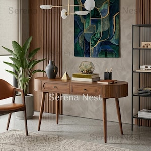 May include: A mid-century modern walnut wood console table with two drawers, rounded ends, and four tapered legs. The table surface holds a dark gray vase, a geometric glass terrarium, stacked books, and a black pen holder with pens.