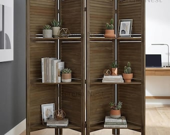 Room Divider with shelf, 4 Panel Folding Privacy Screen with Shelves, Lightweight Rustic Wood, Portable No Assembly for Bedroom Home Office