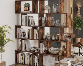 Bookcase S Shaped Geometric Bookshelf, Tall Modern Staggered Display Shelf, Wooden Room Divider Bookcase for Living Room, Office and Bedroom