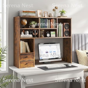 Desktop Bookshelf with Drawers, Desk Hutch Organizer with 8 Shelves and Fabric Drawers | Adjustable Desk Shelf for Top of Desk