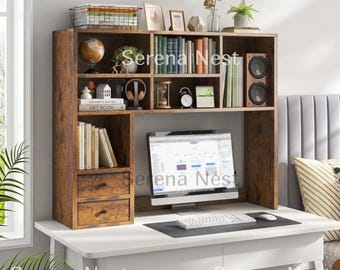 Desktop Bookshelf with Drawers, Desk Hutch Organizer with 8 Shelves and Fabric Drawers | Adjustable Desk Shelf for Top of Desk