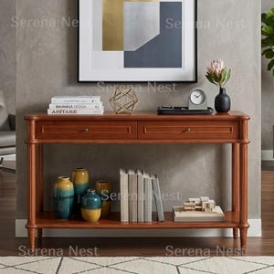 Console Table for Entryway with Charging Station, Solid Wood Retro Sofa Table with 2 Drawers | Narrow Foyer Table with Bottom Shelf