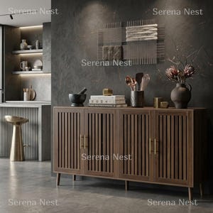Sideboard Buffet Cabinet with Slatted Doors, Farmhouse Storage Cabinet with Adjustable Shelves, Long Coffee Bar Cabinet for Entryway