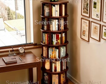Rotating Bookshelf Tower with Wheels, 360 Degree Solid Wood Revolving Bookcase | Corner Spinning Bookshelf for Small Spaces
