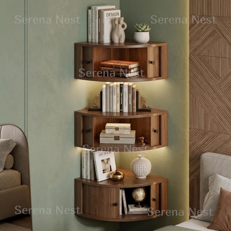 Corner Shelves Floating Wall Cabinet Set of 3, Fluted Corner Shelf with Sliding Doors and Walnut Finish | Floating Corner Shelf for Living Room Bedroom and Office | Space Saving Wall Storage

Empty corners are some of the most overlooked storage opportunities in any home. These corner shelves by Serena Nest turn every unused wall angle into a stylish, functional display space that works just as hard as it looks good.