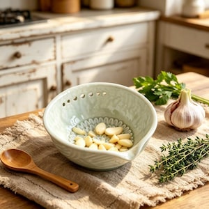 May include: A pale green ceramic garlic grater bowl with a wooden spoon on a beige cloth. The bowl contains peeled garlic cloves. A whole garlic bulb and herbs are beside the bowl. Kitchenware.