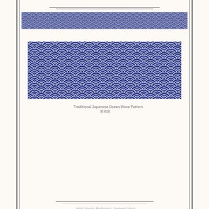 Puede incluir: Un fondo blanco con borde negro presenta la palabra "SEIGAIHA" en la parte superior. Debajo, se muestra un patrón de olas oceánicas azules y blancas. También está presente el texto "Traditional Japanese Ocean Wave Pattern" y caracteres japoneses.