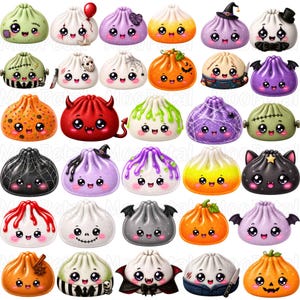 May include: A collection of thirty illustrated dumpling characters with various Halloween-themed designs, including pumpkins, ghosts, vampires, monsters, and skeletons, all featuring large expressive eyes and smiling faces on a white background.