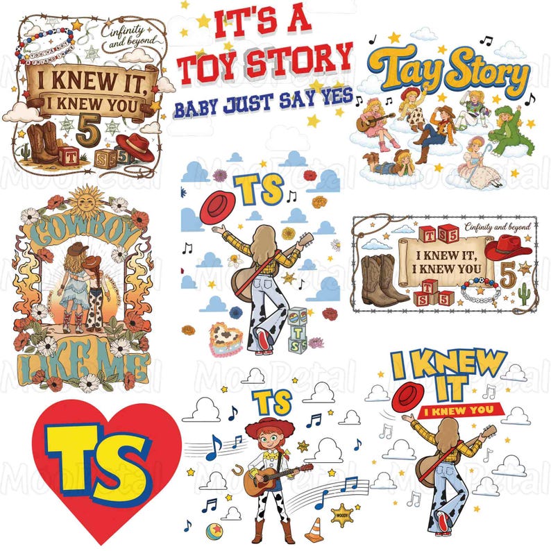 Puede incluir: Una colecci&oacute;n de ilustraciones gr&aacute;ficas inspiradas en Toy Story, que incluyen textos como IT'S A TOY STORY, TAY STORY, I KNEW IT, I KNEW YOU y COWBOY LIKE ME, junto con botas de vaquero, sombreros, guitarras y nubes.