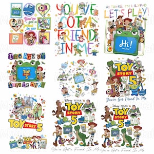 May include: A collection of nine colorful graphic designs featuring Toy Story characters including Woody, Buzz Lightyear, Jessie, and Rex. The illustrations incorporate text such as You've Got a Friend in Me, Toy Story 5, and Hi, with various playful layouts and vibrant cartoon artwork depicting the movie cast.