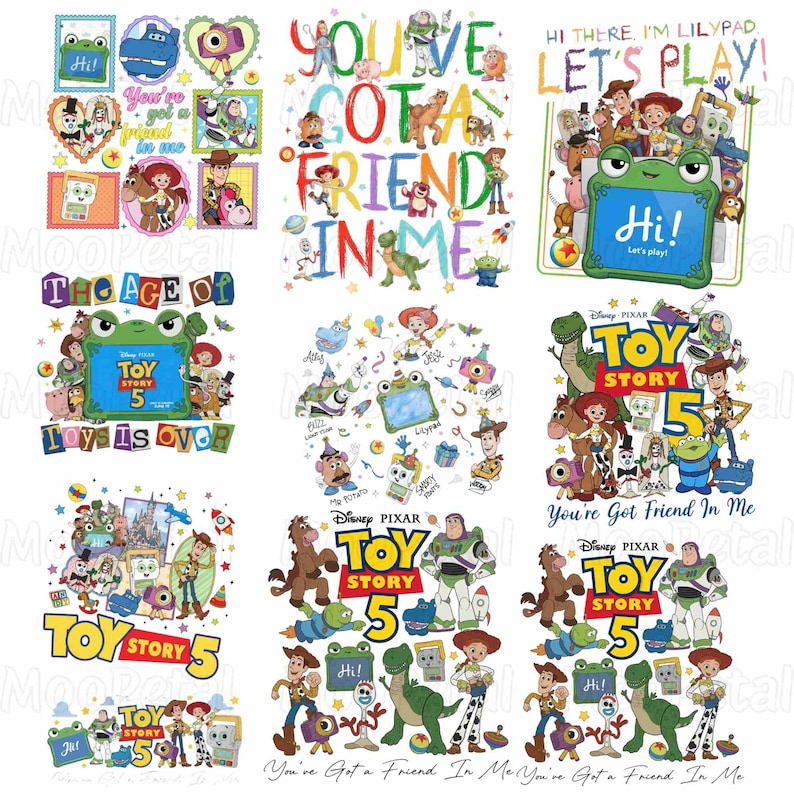 May include: A collection of nine colorful graphic designs featuring Toy Story characters including Woody, Buzz Lightyear, Jessie, and Rex. The illustrations incorporate text such as You've Got a Friend in Me, Toy Story 5, and Hi, with various playful layouts and vibrant cartoon artwork depicting the movie cast.