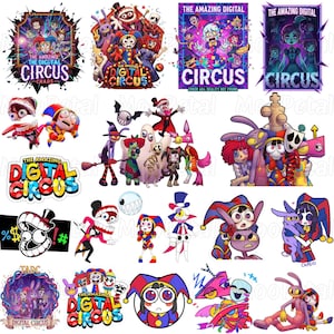以下が含まれることがあります： The Amazing Digital Circusのキャラクターやロゴが描かれたカラフルなデジタルステッカーのコレクション。赤、青、紫、黄色の鮮やかな色合いで、様々なアニメーションフィギュア、道化師のモチーフ、テキスト要素が含まれています。