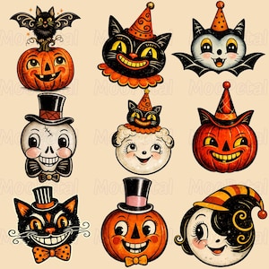 May include: A collection of nine vintage-style Halloween illustrations featuring black cats, orange pumpkins, skulls, and figures wearing party hats and top hats. The designs include bats, bows, and smiling faces in a retro color palette of orange and black.