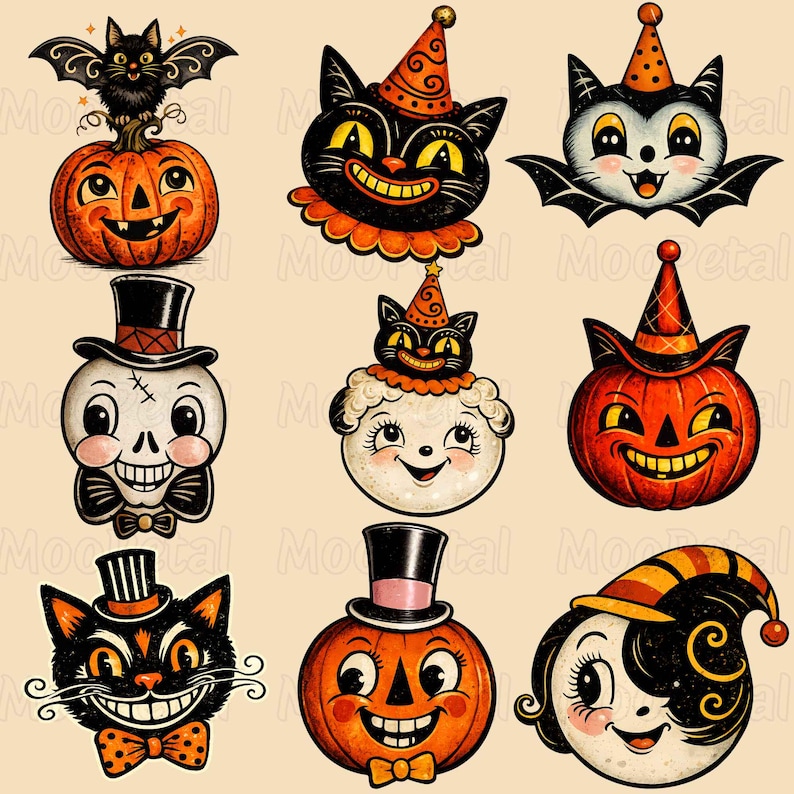 May include: A collection of nine vintage-style Halloween illustrations featuring black cats, orange pumpkins, skulls, and figures wearing party hats and top hats. The designs include bats, bows, and smiling faces in a retro color palette of orange and black.