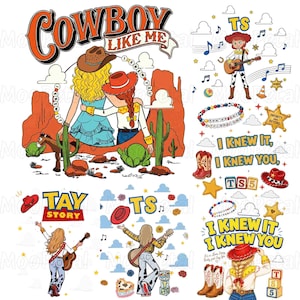 Op de afbeelding: Een digitaal illustratieblad met diverse cowboy-thema afbeeldingen, waaronder figuren met gitaren, cactussen, rode cowboylaarzen, sterren en teksten zoals COWBOY LIKE ME, TAY STORY, TS5 en I KNEW IT, I KNEW YOU op een witte achtergrond.