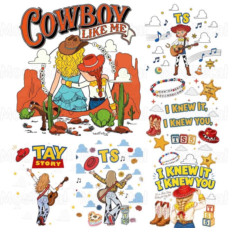 May include: A digital illustration sheet featuring various cowboy-themed graphics, including characters with guitars, cacti, red cowboy boots, stars, and text such as COWBOY LIKE ME, TAY STORY, TS5, and I KNEW IT, I KNEW YOU, set against a white background.