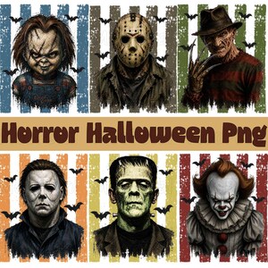 Könnte beinhalten: Ein digitales Grafikdesign mit sechs Horrorfilmfiguren, die in zwei Reihen vor vertikal gestreiften Hintergründen mit Fledermaussilhouetten angeordnet sind. Der Text Horror Halloween Png ist in braunen Buchstaben zentriert. Zu den Figuren gehören Chucky, Jason, Freddy, Michael Myers, Frankenstein und Pennywise.