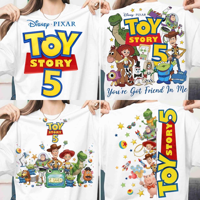 May include: A white t-shirt featuring Disney Pixar Toy Story 5 graphics. The designs include the Toy Story 5 logo, various character illustrations like Woody, Buzz Lightyear, Jessie, and Rex, and the text You've Got Friend In Me.