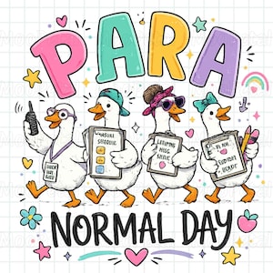 Puede incluir: Una ilustración gráfica que muestra cuatro patos blancos con varios accesorios, cada uno sosteniendo un portapapeles. El texto dice PARA NORMAL DAY. Los patos están rodeados de corazones, estrellas y un pequeño arcoíris coloridos sobre un fondo de cuadrícula blanco.