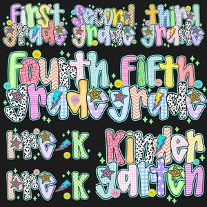 Könnte beinhalten: Ein digitales Grafikset mit den Wörtern First, Second, Third, Fourth, Fifth Grade, Pre-K und Kindergarten in einer bunten, blasenartigen Schriftart. Jeder Buchstabe zeigt verschiedene Muster wie Leopardenmuster, Streifen und Karos mit Sternen, Blitzen und Smiley-Gesichtern.