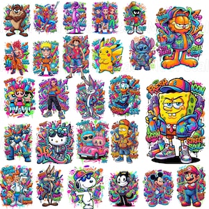 Könnte beinhalten: Eine Sammlung bunter Zeichentrickfiguren im lebendigen Graffiti-Stil, darunter Garfield, SpongeBob, Pikachu und Mario, umgeben von Sprühdosen, Pfeilen und urbanen Textelementen wie City Beats und Fresh.