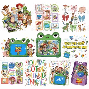 May include: A collection of Toy Story 5 themed digital graphics featuring characters like Woody, Buzz Lightyear, and Rex, alongside frog-shaped frames, the text You've Got A Friend In Me, Let's Play, and Hi, plus a purple backpack illustration.