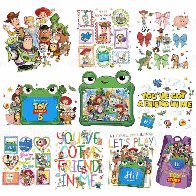 May include: A collection of Toy Story 5 themed digital graphics featuring characters like Woody, Buzz Lightyear, and Rex, alongside frog-shaped frames, the text You've Got A Friend In Me, Let's Play, and Hi, plus a purple backpack illustration.