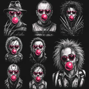 May include: A black and white graphic print featuring eight iconic horror characters, each wearing pink heart-shaped sunglasses and blowing a bright pink bubblegum bubble. The characters are arranged in a grid against a solid black background.