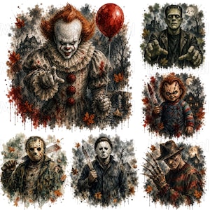 May include: A digital illustration featuring six horror movie characters: a clown with a red balloon, Frankenstein's monster, a doll with a knife, a masked slasher with a machete, a masked figure with a blade, and a clawed character in a hat.